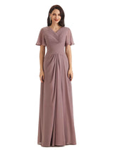 Formal A-line Chiffon Short Sleeves V-neck Long Groom of The Bride Dresses