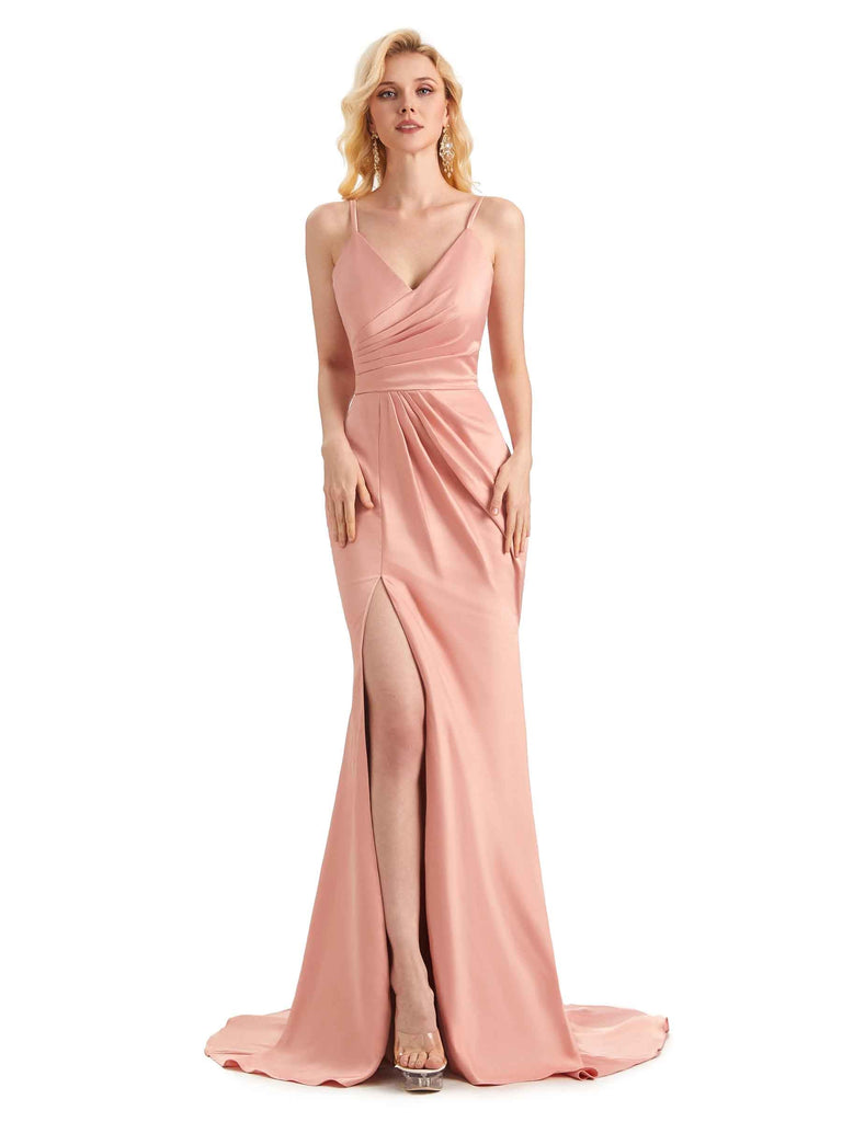 Sexy Side Slit Satin Mermaid V-neck Maxi Long Party Prom Dresses Online