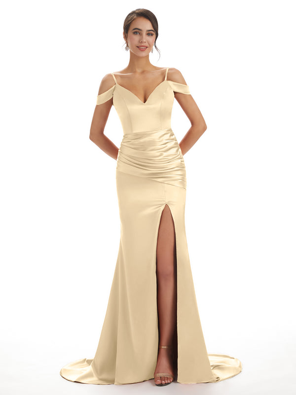 Champagne Sexy Chic Silky Mismatched Soft Satin Mermaid Long Bridesmaid Dresses Online
