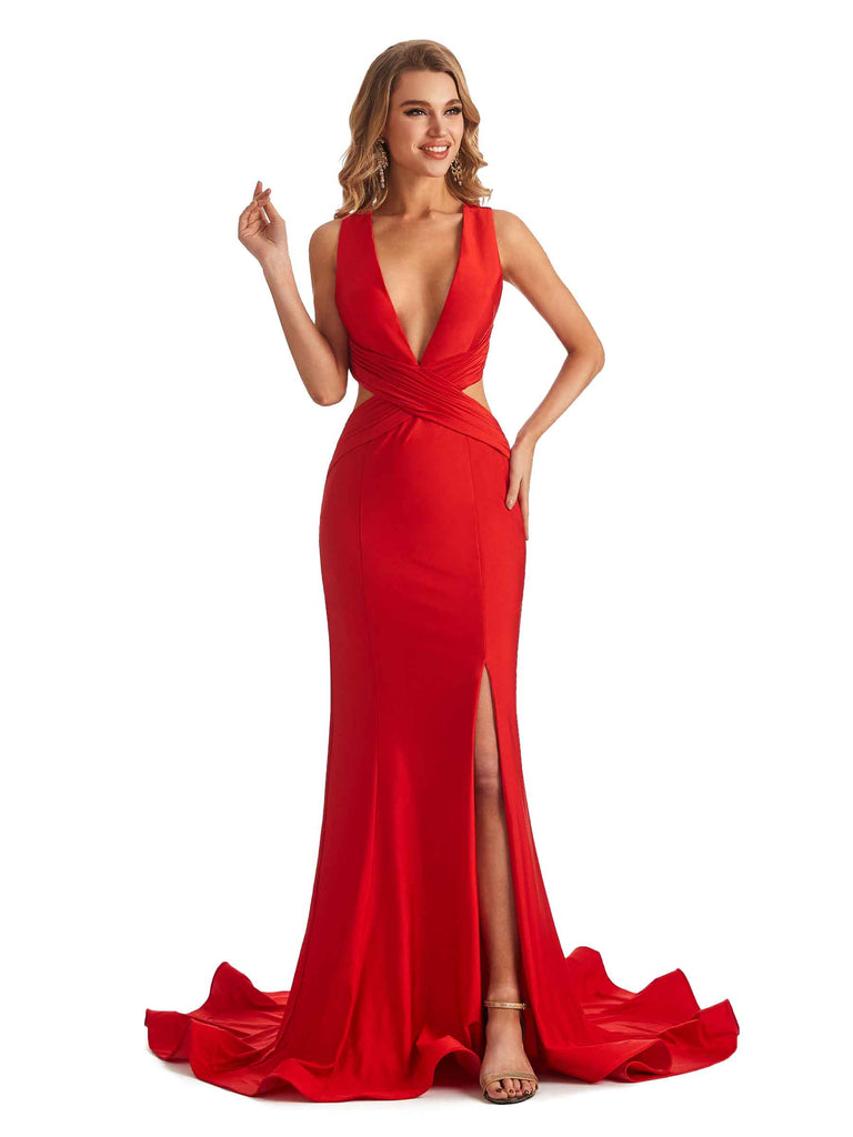 Mermaid V-Neck Side-Slit Stretchy Jersey Long Formal Bridesmaid Dresses Online