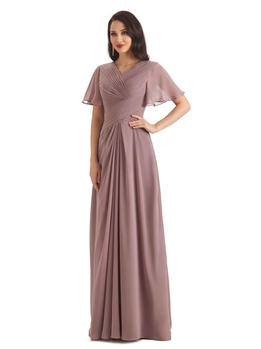 Formal A-line Chiffon Short Sleeves V-neck Long Groom of The Bride Dresses