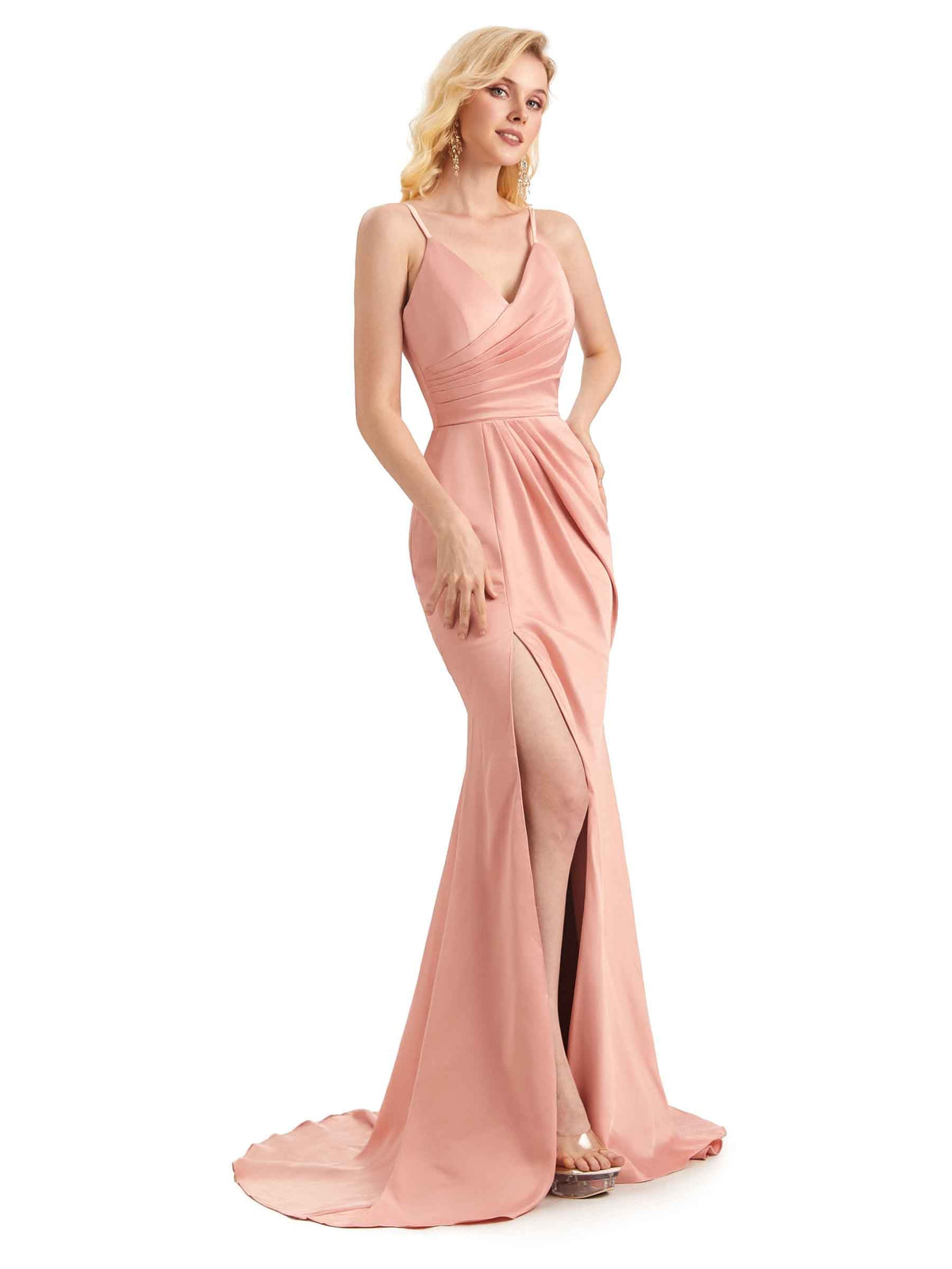 Sexy Side Slit Satin Mermaid V-neck Maxi Long Party Prom Dresses Online