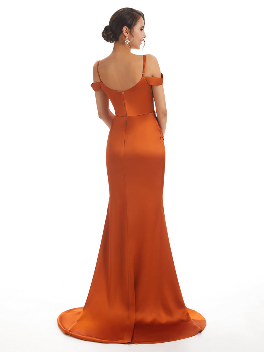 Sexy Cold Shoulder Soft Satin Side Split Long Mermaid Bridesmaid Dresses