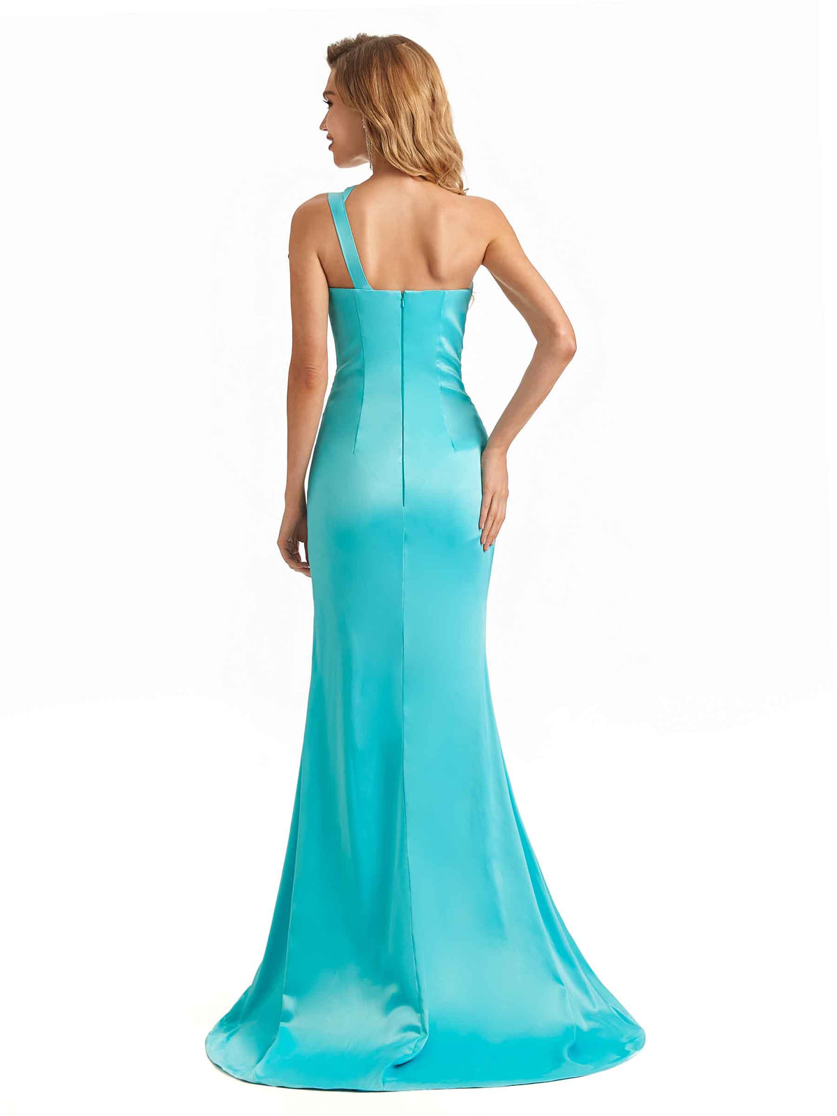 Sexy Side Slit Soft Satin Unique One Shoulder Long Mermaid Bridesmaid Dresses