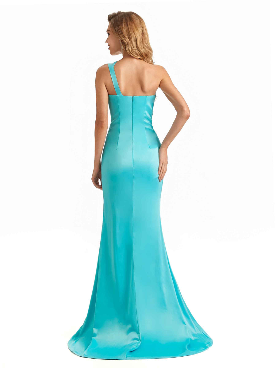 Sexy Side Slit Soft Satin Unique One Shoulder Long Mermaid Bridesmaid Dresses