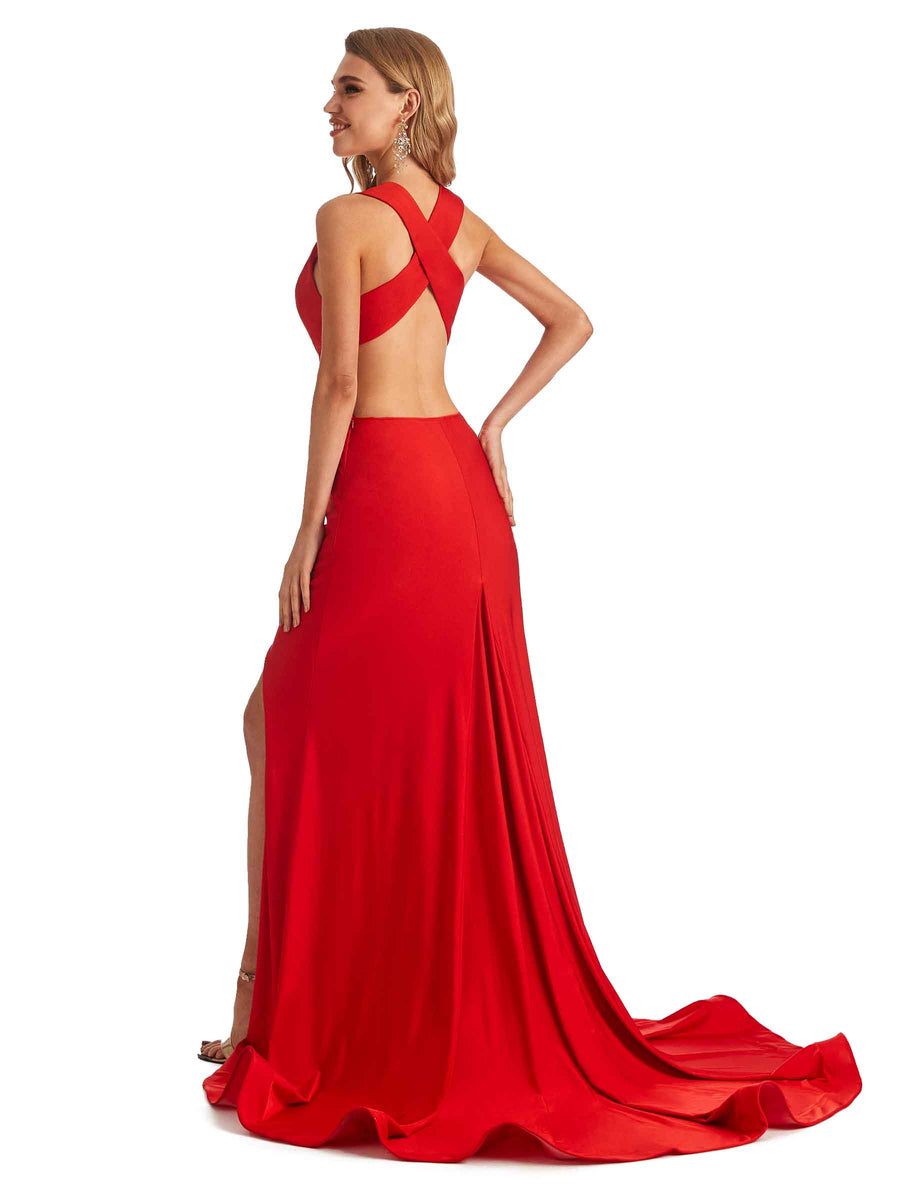 Mermaid V-Neck Side-Slit Stretchy Jersey Long Formal Bridesmaid Dresses Online