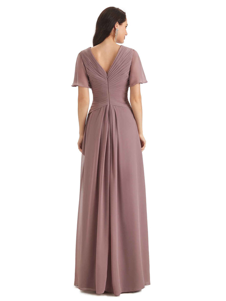 Formal A-line Chiffon Short Sleeves V-neck Long Groom of The Bride Dresses