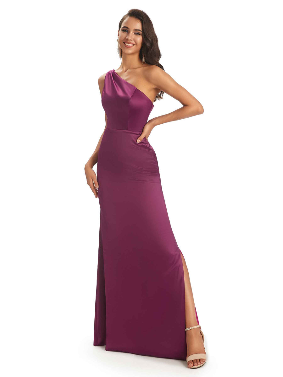 Sexy Soft Satin Side Slit Sheath One Shoulder Modern Mermaid Bridesmaid Dresses