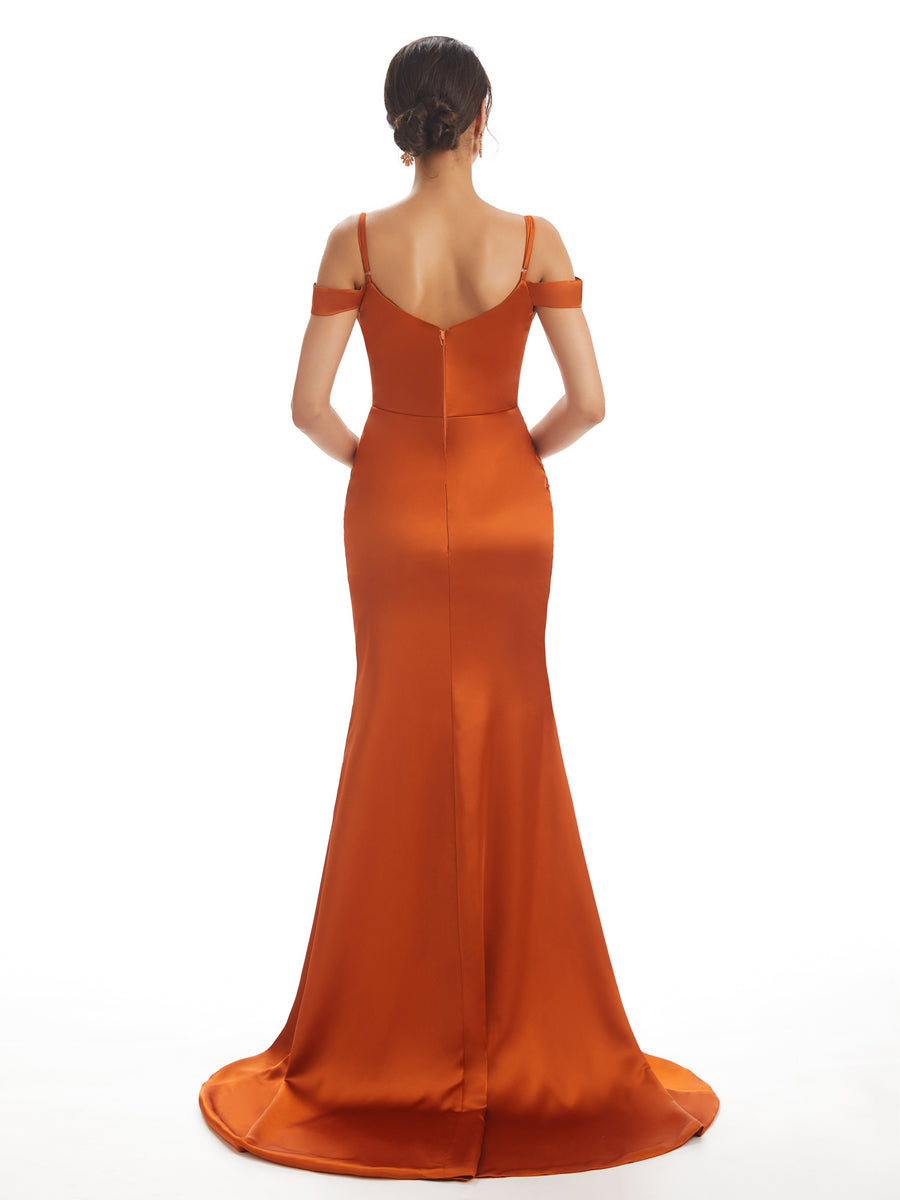 Sexy Cold Shoulder Soft Satin Side Split Long Mermaid Bridesmaid Dresses