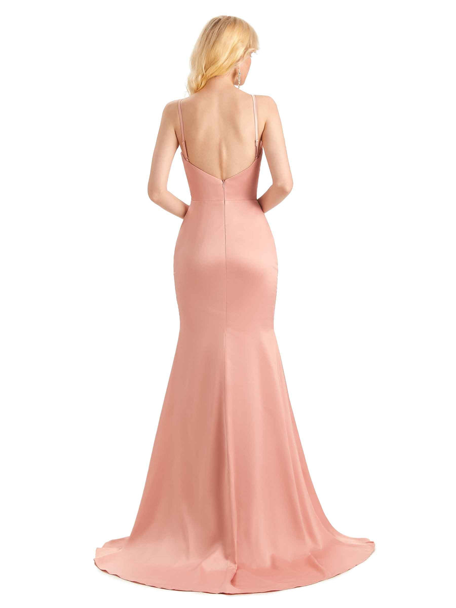 Sexy Side Slit Satin Mermaid V-neck Maxi Long Bridesmaid Dresses Online