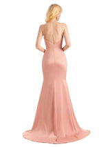 Sexy Side Slit Satin Mermaid V-neck Maxi Long Formal Prom Dresses Online