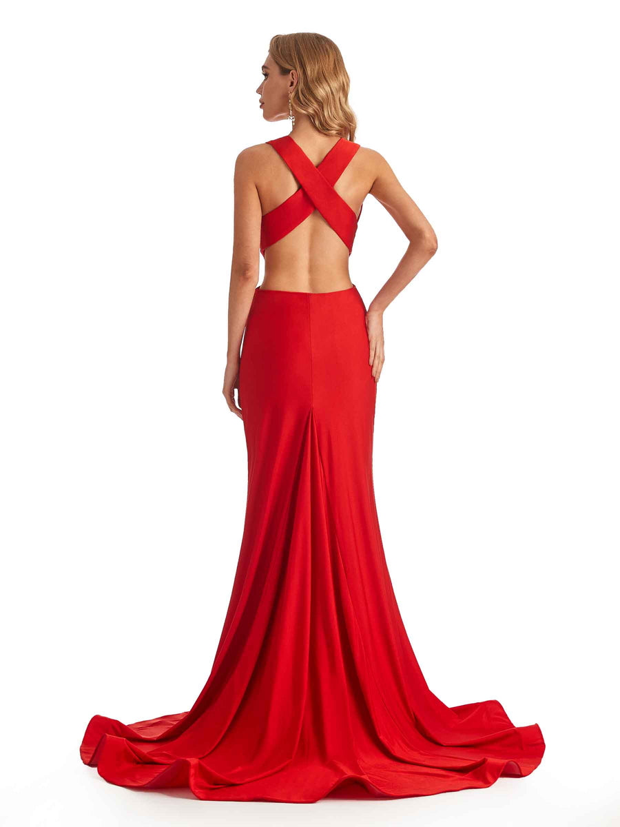 Mermaid V-Neck Side-Slit Stretchy Jersey Long Formal Bridesmaid Dresses Online