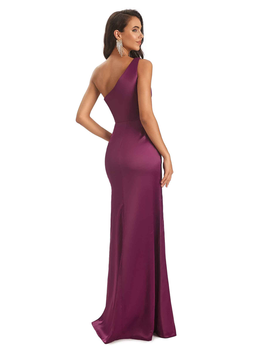 Sexy Soft Satin Side Slit Sheath One Shoulder Modern Mermaid Bridesmaid Dresses