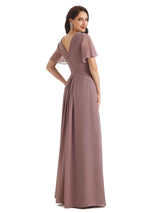 Formal A-line Chiffon Short Sleeves V-neck Long Groom of The Bride Dresses