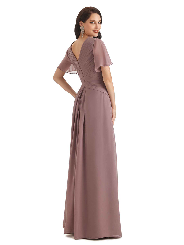 Formal A-line Chiffon Short Sleeves V-neck Long Groom of The Bride Dresses