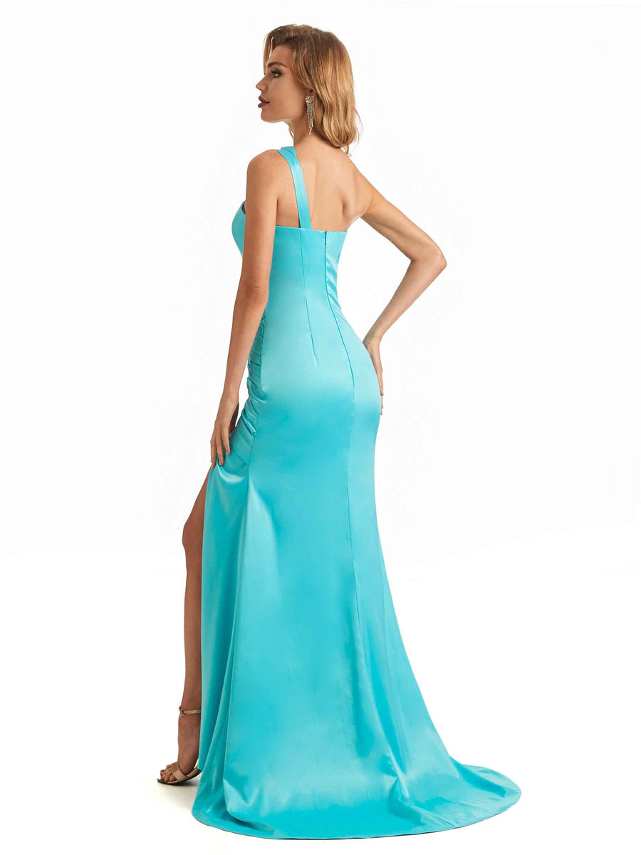 Sexy Side Slit Soft Satin Unique One Shoulder Long Mermaid Bridesmaid Dresses