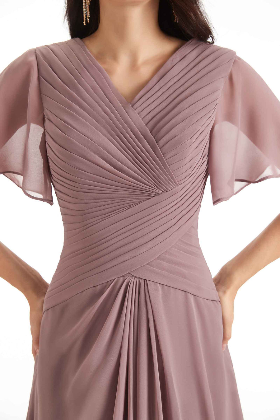 Formal A-line Chiffon Short Sleeves V-neck Long Groom of The Bride Dresses