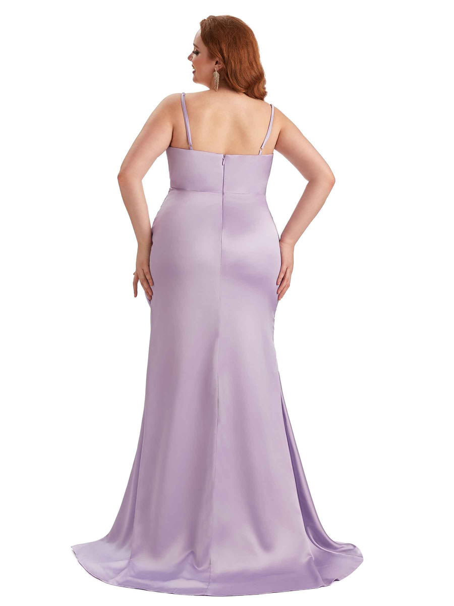 Plus Size Sexy Spaghetti Straps Side Slit Mermaid Soft Satin Long Bridesmaid Dress For Wedding