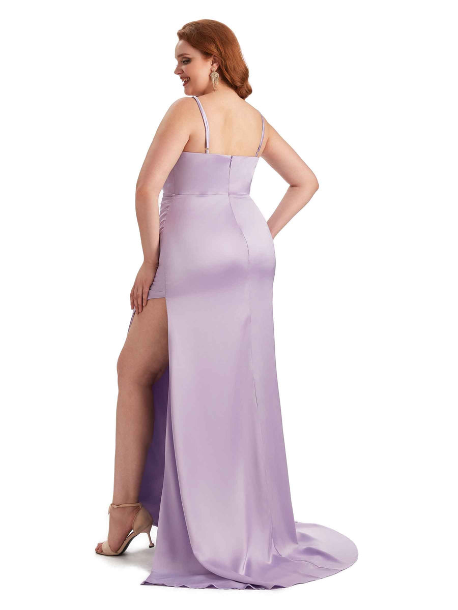 Plus Size Sexy Spaghetti Straps Side Slit Mermaid Soft Satin Long Bridesmaid Dress For Wedding