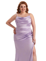 Plus Size Sexy Spaghetti Straps Side Slit Mermaid Soft Satin Long Bridesmaid Dress For Wedding