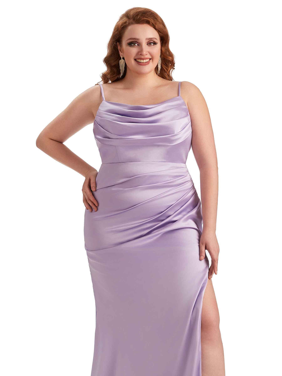 Plus Size Sexy Spaghetti Straps Side Slit Mermaid Soft Satin Long Bridesmaid Dress For Wedding