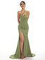 Sexy One Shoulder Soft Satin Side Slit Mermaid Long Maxi Bridesmaid Dresses