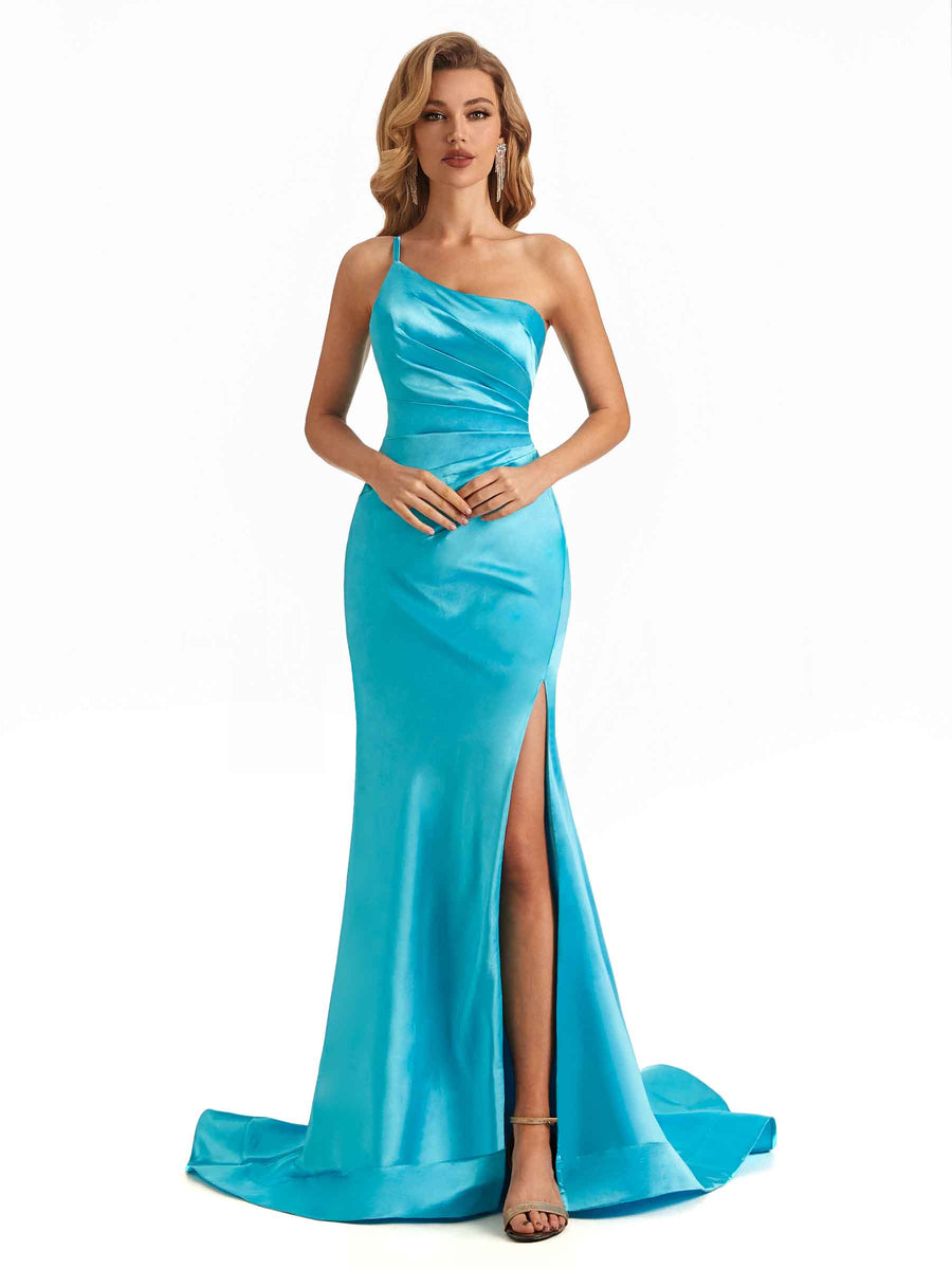 Sexy Side Slit Soft Satin One Shoulder Spaghetti Straps Long Maxi Mermaid Bridesmaid Dresses