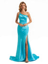 Sexy Side Slit Soft Satin One Shoulder Spaghetti Straps Long Maxi Mermaid Bridesmaid Dresses