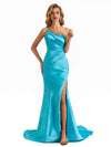 Sexy Side Slit Soft Satin One Shoulder Spaghetti Straps Long Maxi Mermaid Bridesmaid Dresses