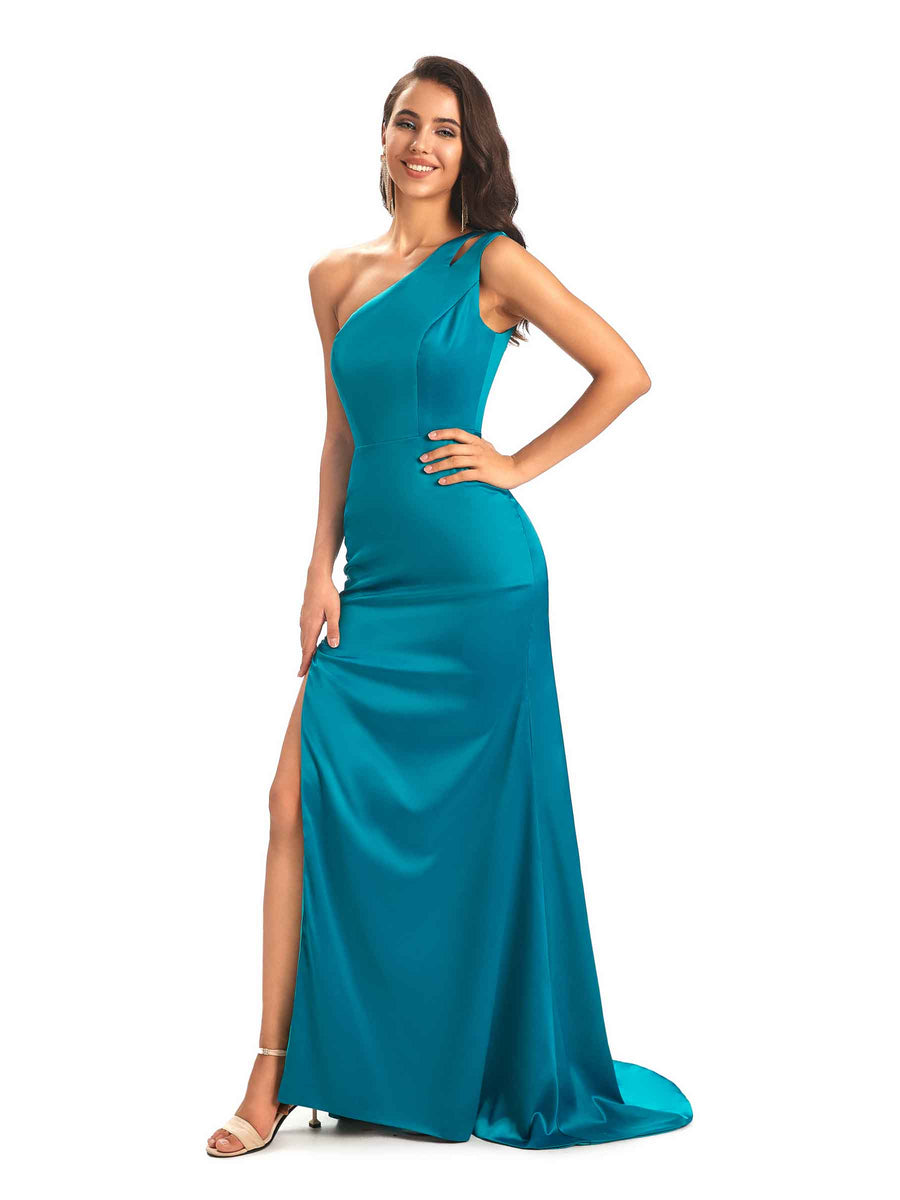 Sexy Soft Satin Side Slit One Shoulder Long Mermaid Bridesmaid Dresses Online