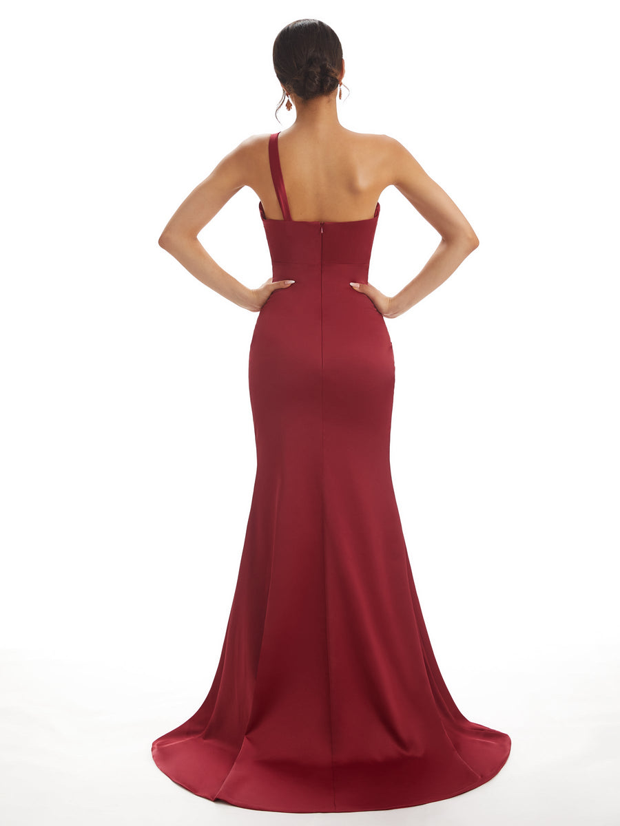 Sexy One Shoulder Unique Satin Spaghetti Strap Side Slit Mermaid Long Prom Dresses