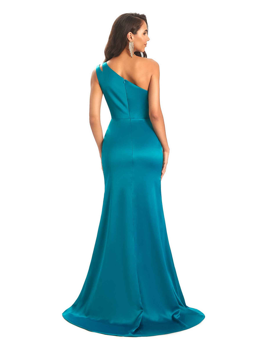 Sexy Soft Satin Side Slit One Shoulder Long Mermaid Prom Dresses Online