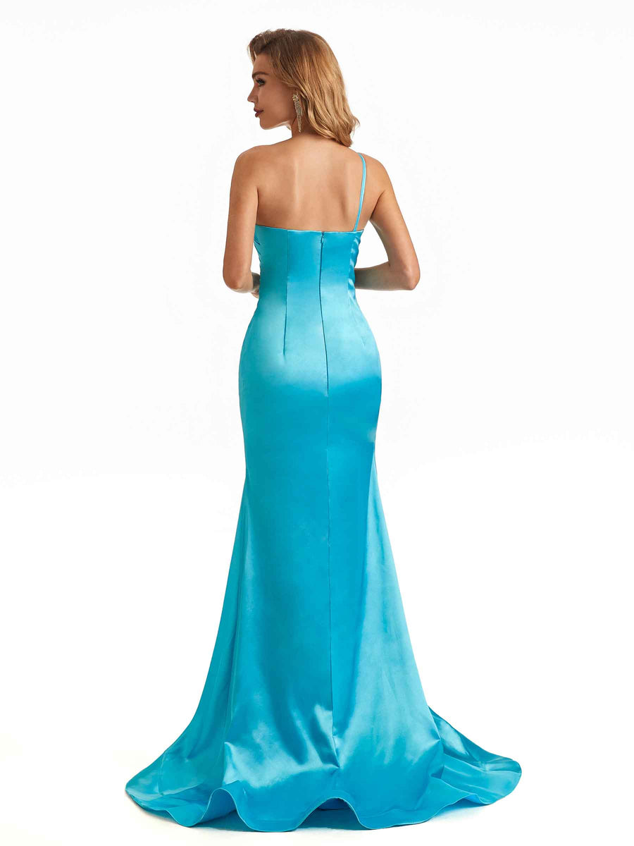 Sexy Side Slit Soft Satin One Shoulder Spaghetti Straps Long Maxi Mermaid Bridesmaid Dresses