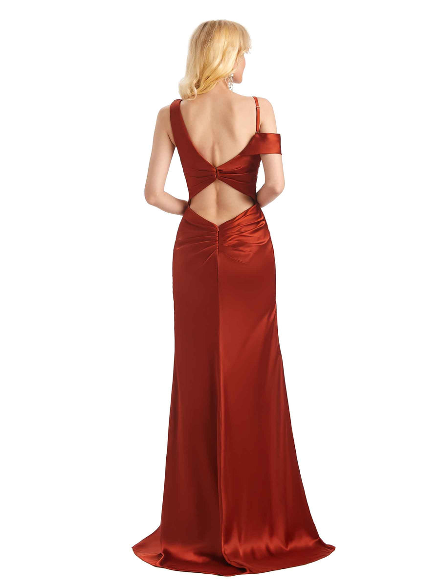 Sexy Side Slit Cold Shoulder Mermaid Chic Long Soft Satin Bridesmaid Dresses