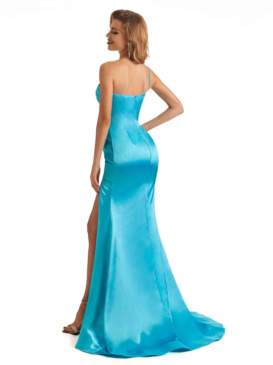 Sexy Side Slit Soft Satin One Shoulder Spaghetti Straps Long Maxi Mermaid Bridesmaid Dresses
