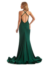 Elegant Spaghetti Straps Mermaid Side Slit Stretchy Jersey Long Formal Bridesmaid Dresses