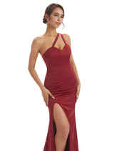 Sexy One Shoulder Spaghetti Strap Side Slit Mermaid Satin Formal Gown For Women