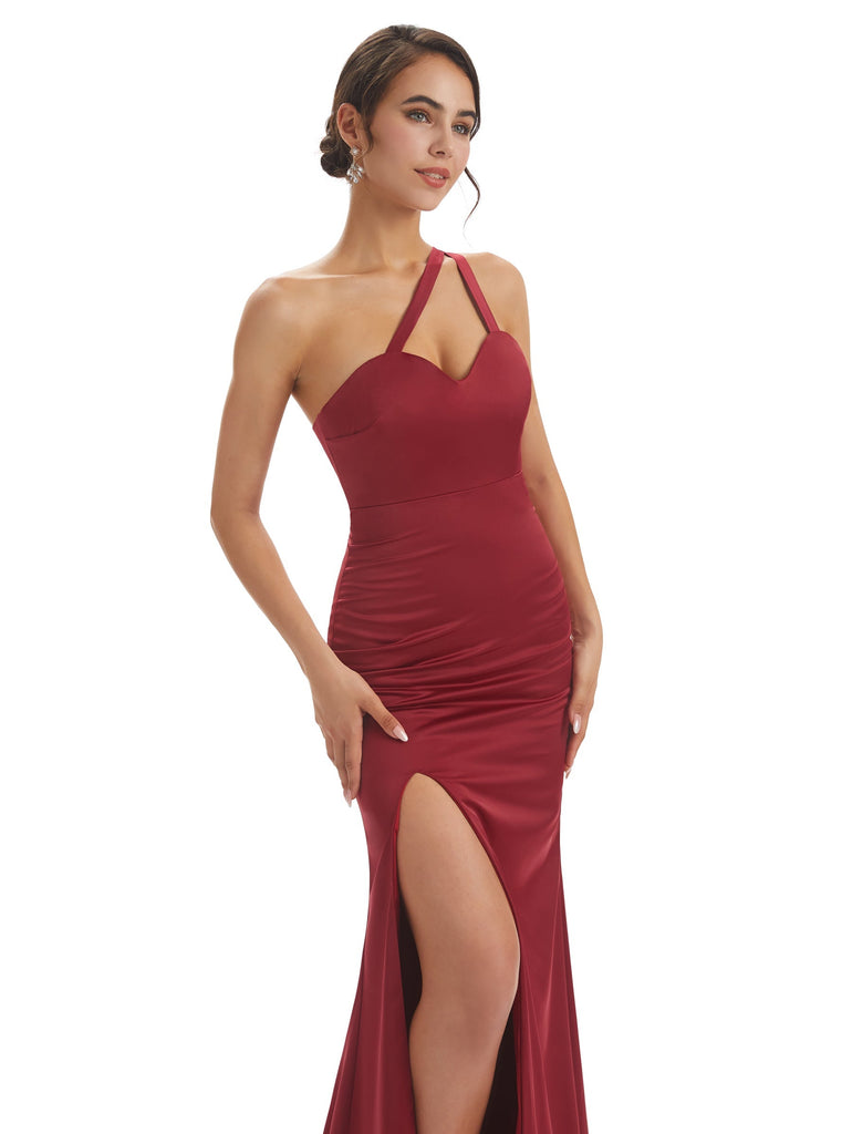 Sexy One Shoulder Unique Satin Maxi Mermaid Prom Dresses With Slit Sale
