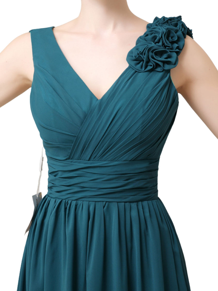Elegant V-neck Flower A-line Floor-Length Long Bridesmaid Dresses