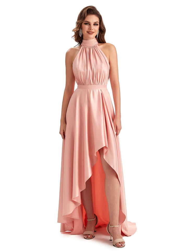 Soft Satin High Neck High Low A-line Unique Long Elegant Dresses For Women