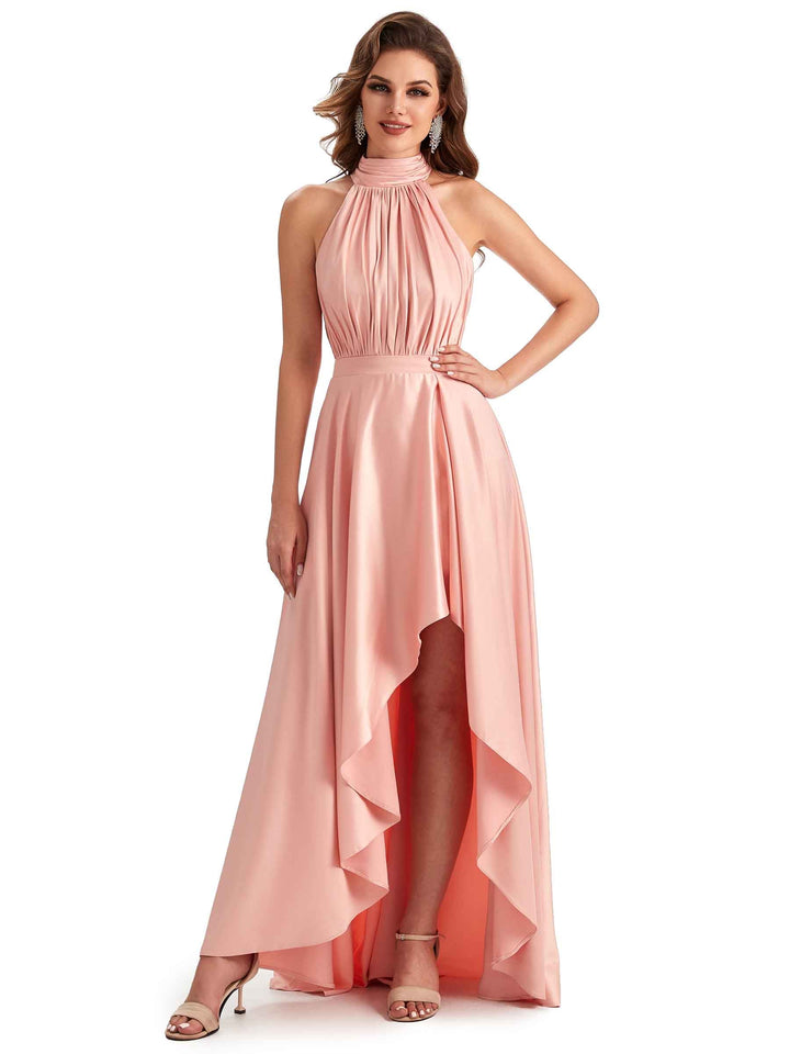 Soft Satin High Neck High Low A-line Unique Long Elegant Dresses For Women