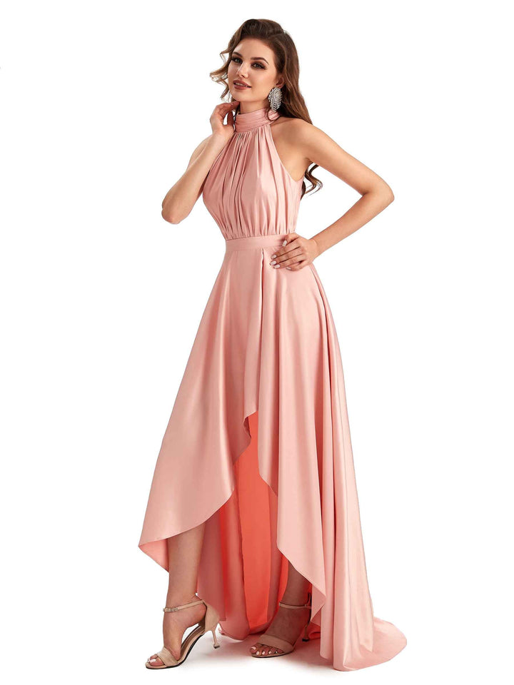 Soft Satin High Neck High Low A-line Unique Long Elegant Dresses For Women