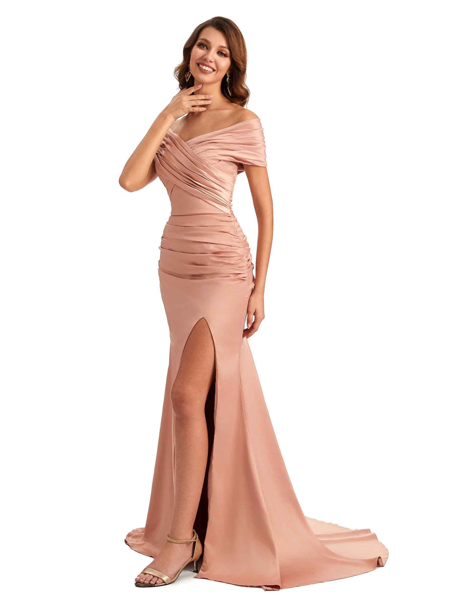 Sexy Off The Shoulder Side Slit Mermaid Satin Unique Long Formal Wedding Guest Dresses