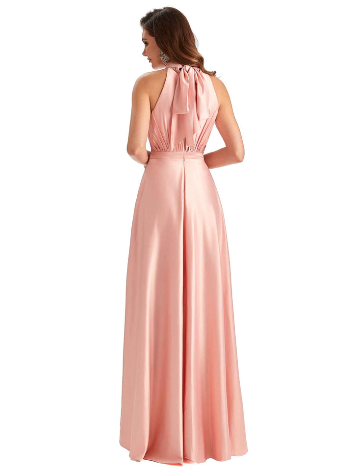 Soft Satin High Neck High Low A-line Unique Long Elegant Dresses For Women