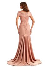Sexy Off The Shoulder Side Slit Mermaid Satin Unique Long Formal Wedding Guest Dresses