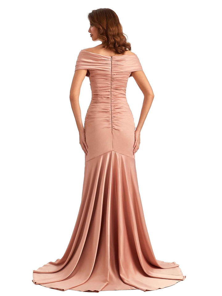 Sexy Off The Shoulder Side Slit Mermaid Satin Unique Long Formal Wedding Guest Dresses