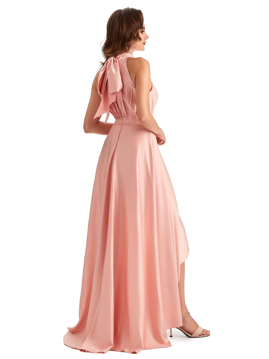 Soft Satin High Neck High Low A-line Unique Bridesmaid Dresses Online