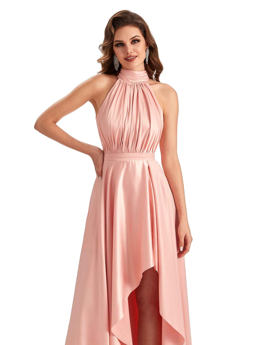 Soft Satin High Neck High Low A-line Unique Bridesmaid Dresses Online
