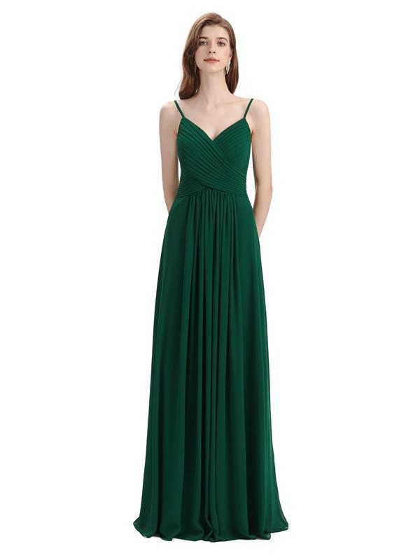Pleated A-line Spaghetti Straps Chiffon Long Bridesmaid Dresses