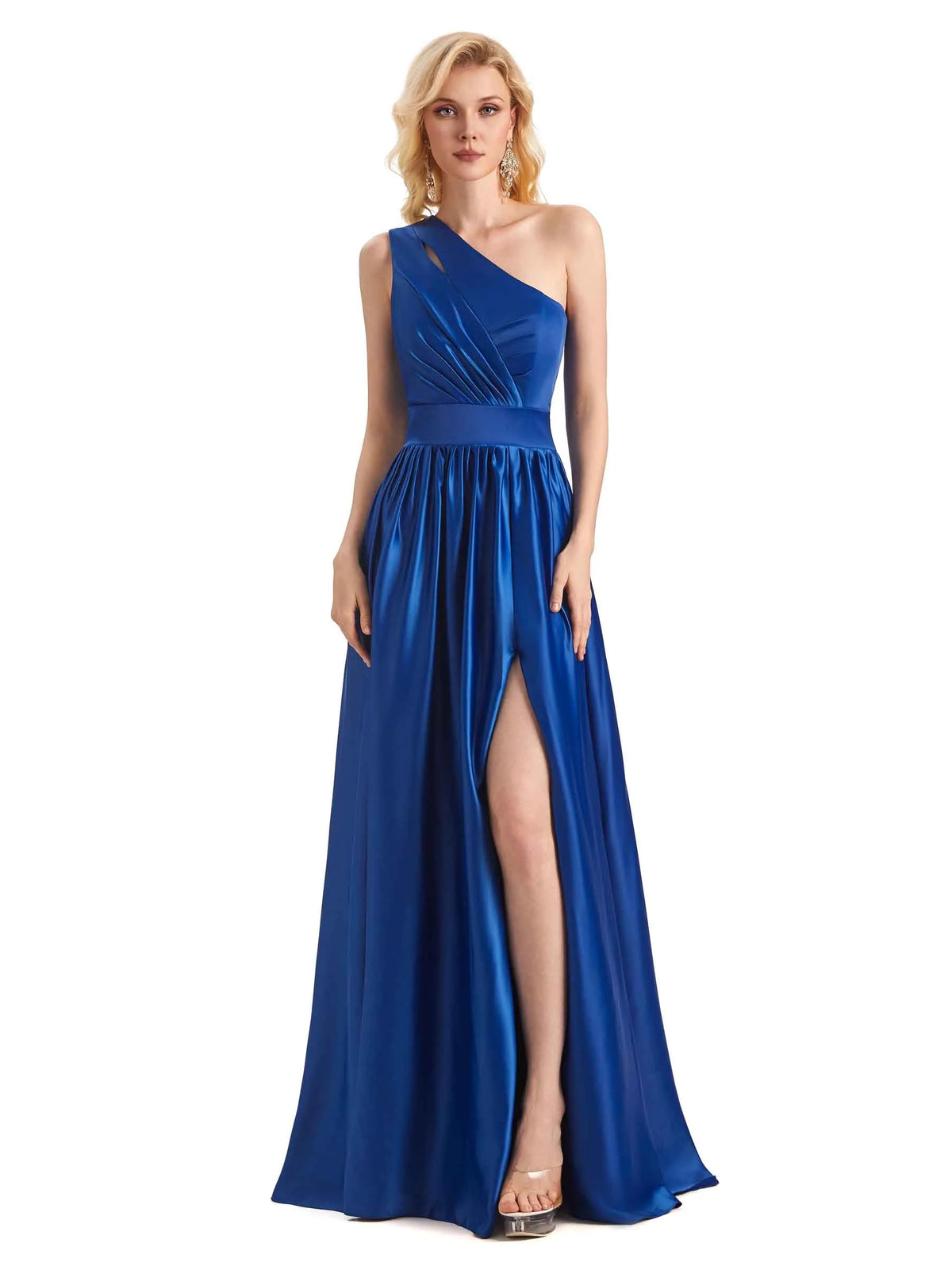 Elegant One Shoulder A-line Side Slit Soft Satin Long Formal Prom Dresses